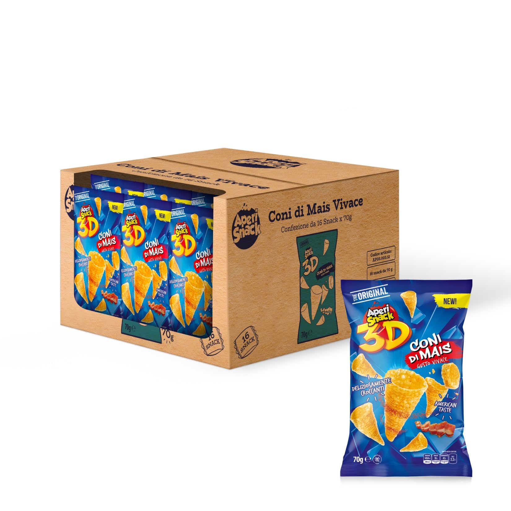 Aperisnack® - AP03.003.12 Box 16 pz - Coni Mais gusto tex mex, Snack Salati e Patatine Linea Bar Box 16pz busta 70g Formato Maxi, maxi gusto, bar e tabacchi, per aperitivo fai da te
