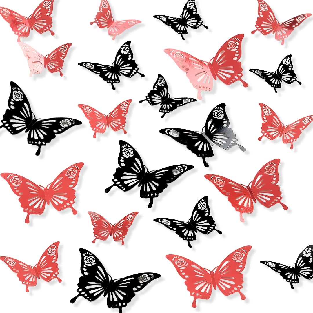 Black Butterfly Red Butterfly Mix Combo Wall Decor Upgrade Ink Black Package 24pcs for Home Decoration and Party Festival Decoration