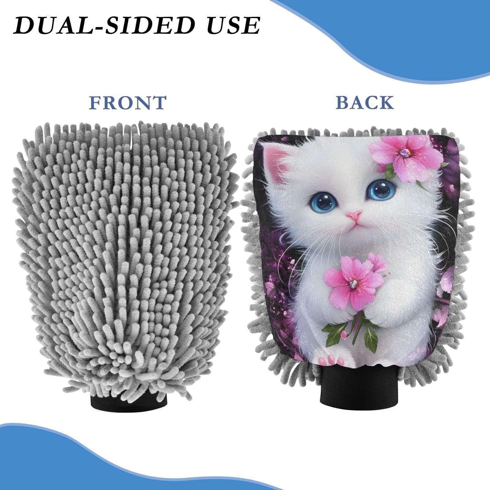 ALAZA Cute Cat Kitten Pink Flower Car Wash Mitt Scratch Free, 2 Pack Absorbent Microfiber/Chenille Washing & Drying Mitts, L