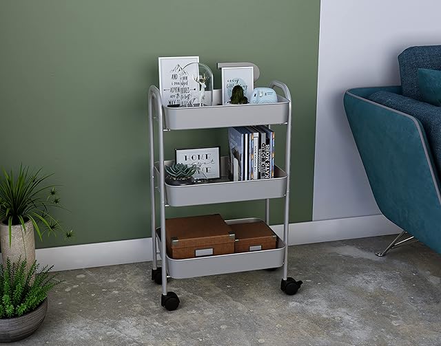 Mabel Home Storage Cart 3 Tier With Wheels and Handle, Metal Storage Utility Rolling Trolley, Multi-Purpose (Grey)