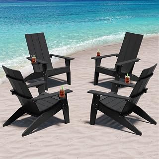 MXIMU Modern Adirondack Chairs Set of 4 Weatherproof Plastic Outdoor Chairs with Cup Holders 400lb Capacity Black