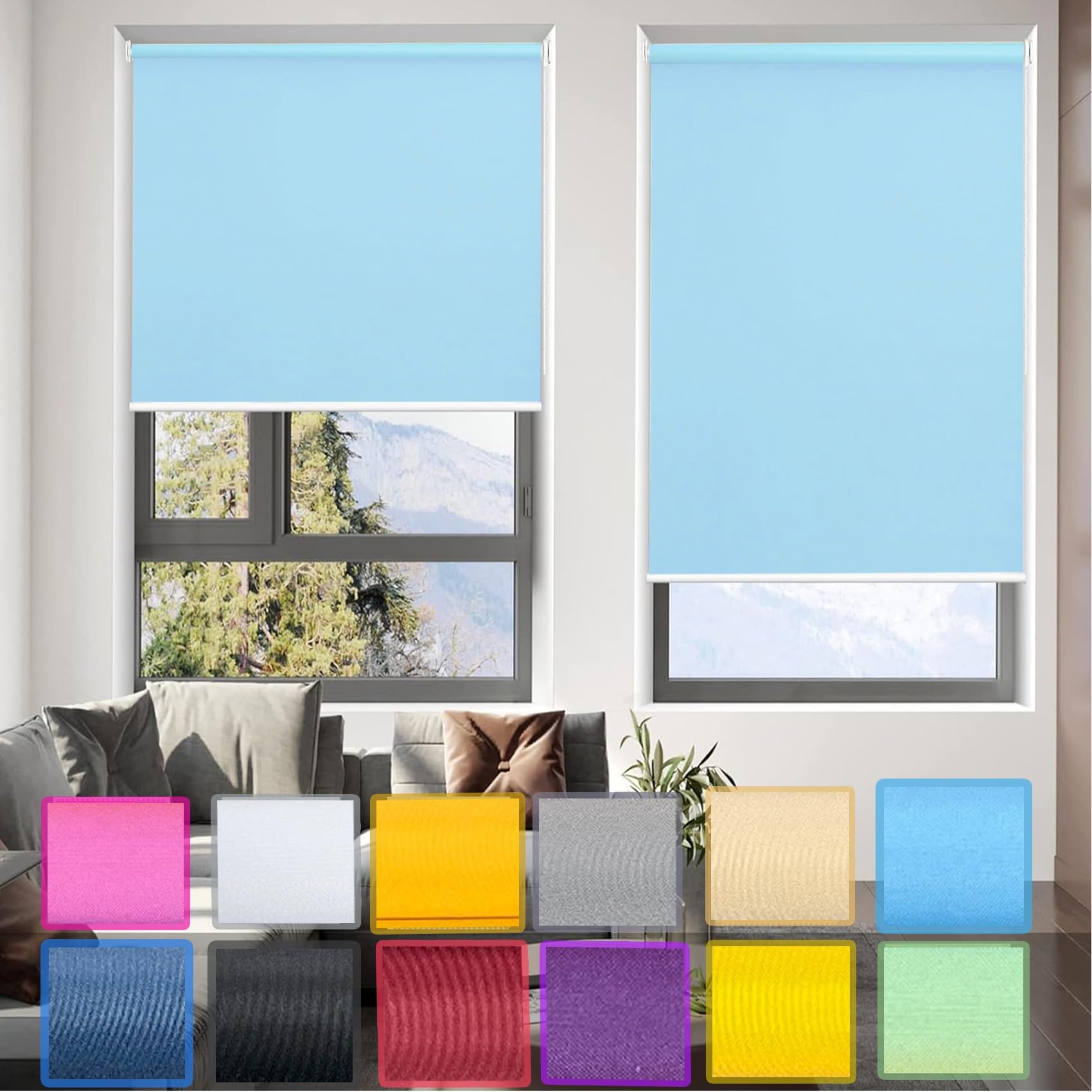 Store Enrouleur Jour Nuit sans Perçage 80 x 60 cm sans perçage Facile à Installer Rideau Occultant Thermiques avec Chaînette, pour fenêtres et Portes, Bleu Ciel