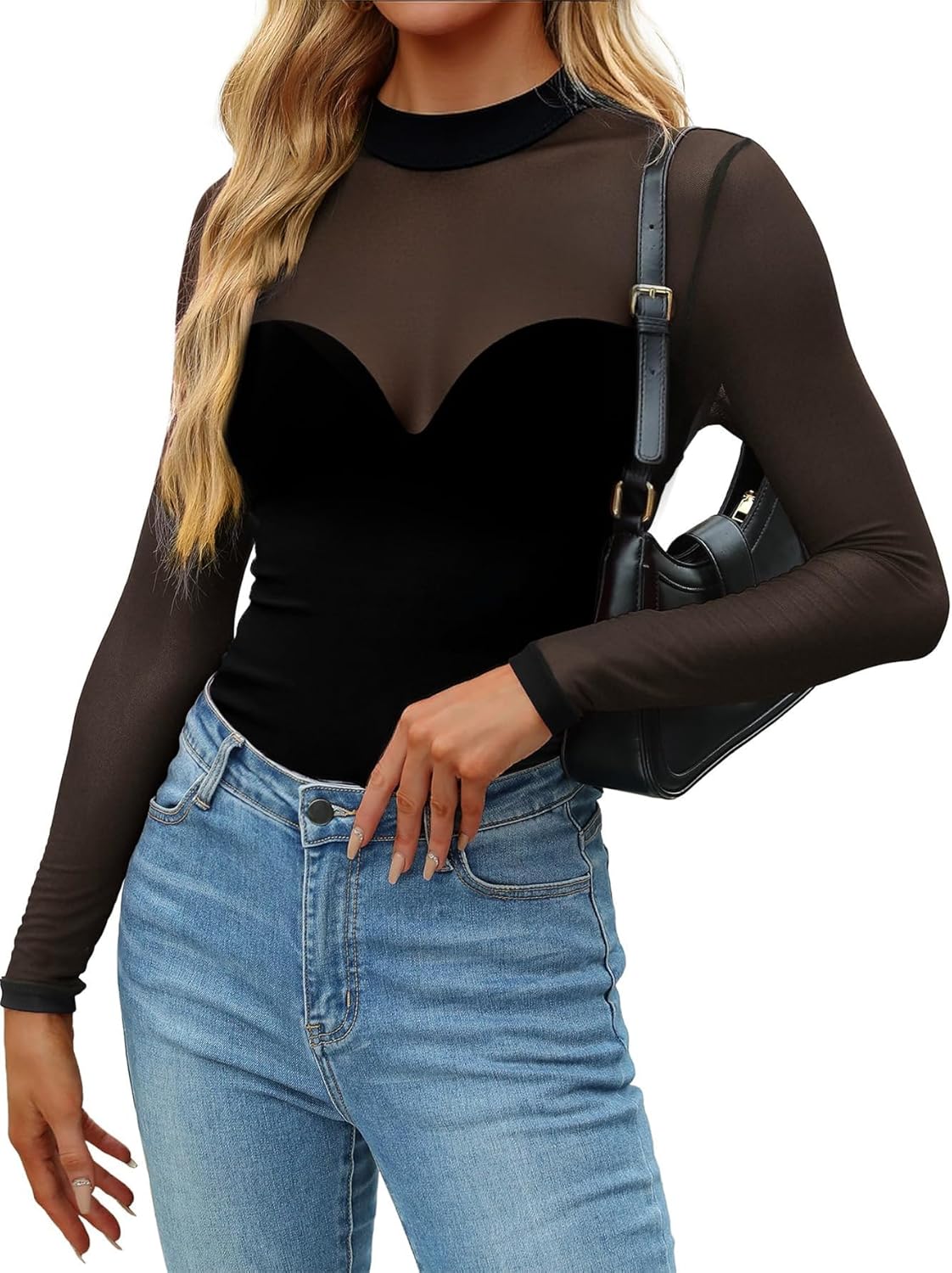 SOFIA'S CHOICE Women's Sheer Mesh Top Long Sleeve See Through Shirts Mock Neck Sexy Fitted T Shirt - Image 3
