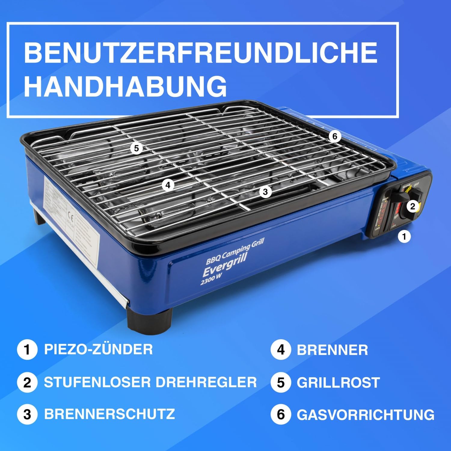 Evergrill Butangas Camping Gasgrill 2300 Watt | Inkl. Transportkoffer, Piezo-Zündung & Sicherheitsventil, Stufenlose Regelung, Mobiler Tischgrill