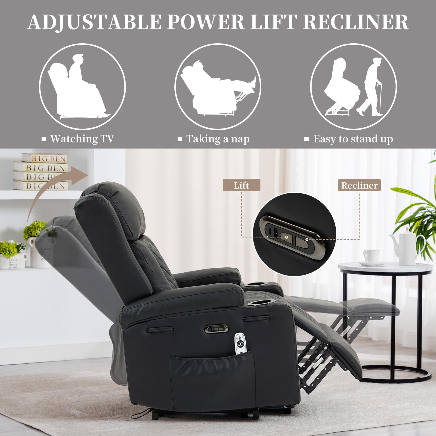 Sillón de relax con ayuda para levantarse eléctrico, ajustable, con función reclinable, función de masaje, función de calor, conectores tipo C y USB, sillón de lectura, sillón de TV, salón