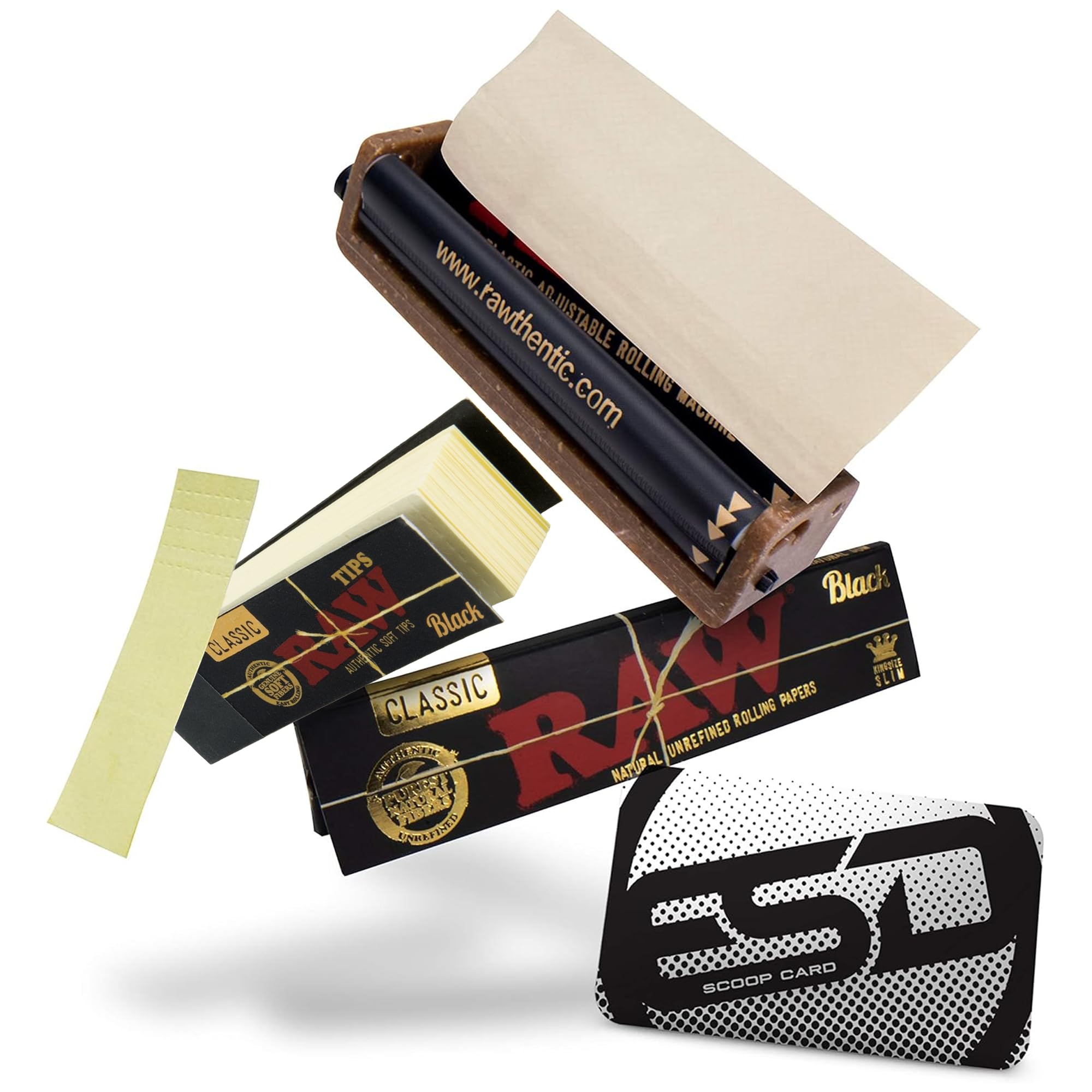 RAWClassic Black King Size Series Rolling Papers (32 Pack) with RAW Black Rolling Tips (50 Pack) and a Plastic Adjustable 110mm Cigarette Roller