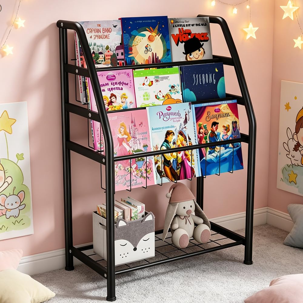 Rainbow Tree 4-Tier Metal Kids Bookshelf, Sling Bookshelf with Toy Organizer, Children Bookcase for Playroom Nursery Bedroom, Montessori Classroom Shelf
