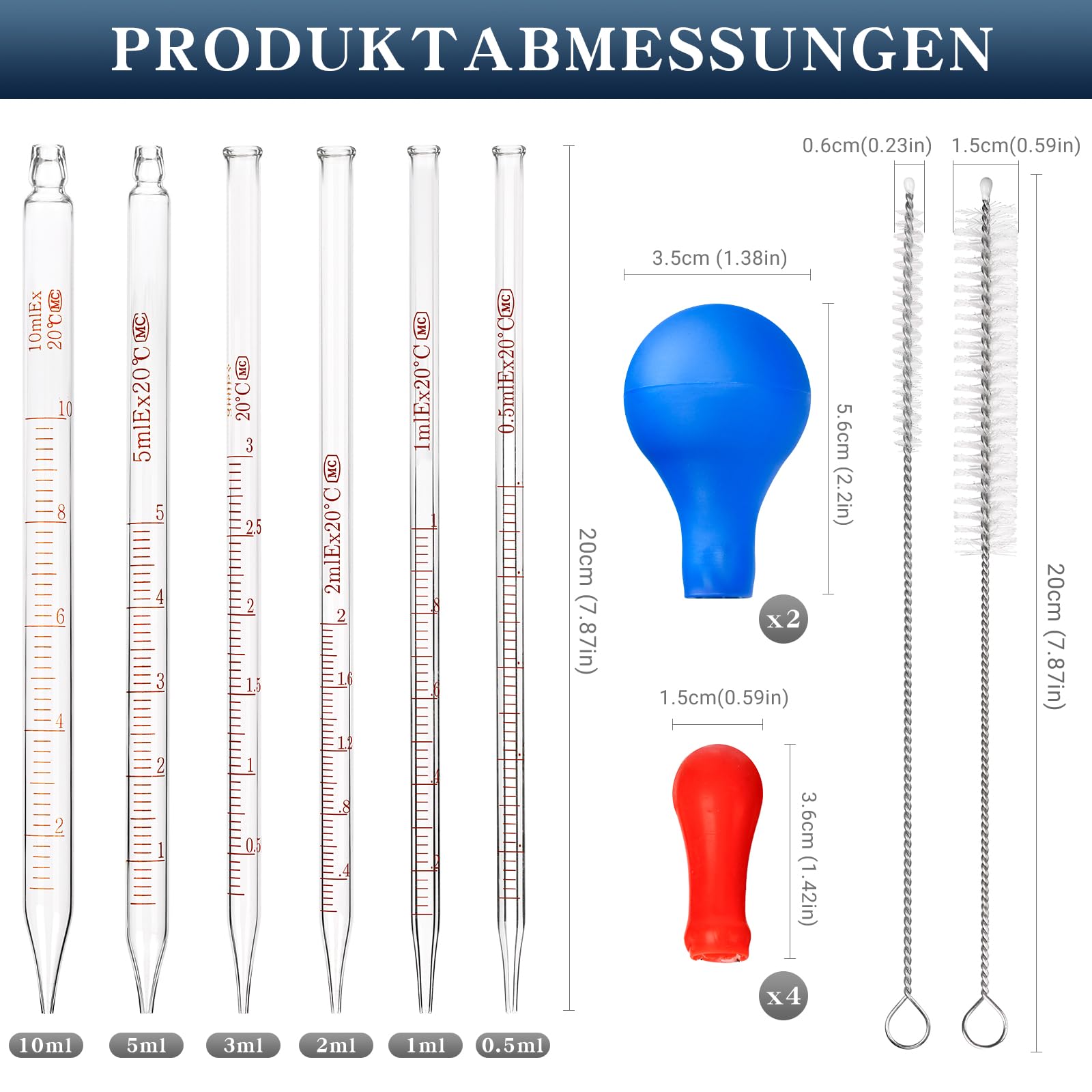 6 sztuk szklanych pipet 0,5 ml 1 ml 2 ml 3 ml 5 ml 10 ml pipety | Pipeta szklana, pipeta transferowa, pipeta szklana, pipety pomiarowe z 2 szczotkami do kropli