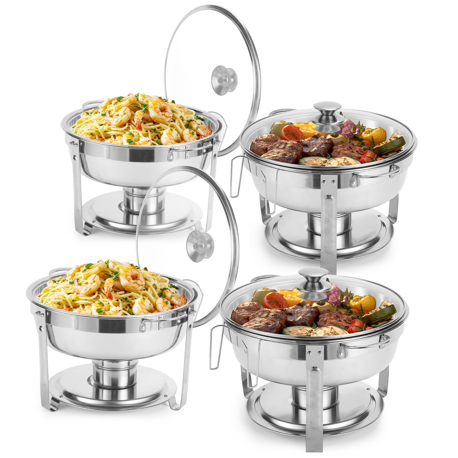 5 Qt Chafing Dishes for Buffet with Visible Glass Lid and Holder, Stainless Steel Round Chafing Dish Buffet Set with Food and Water Trays for Catering, Parties and Weddings, Silver, 4Pack