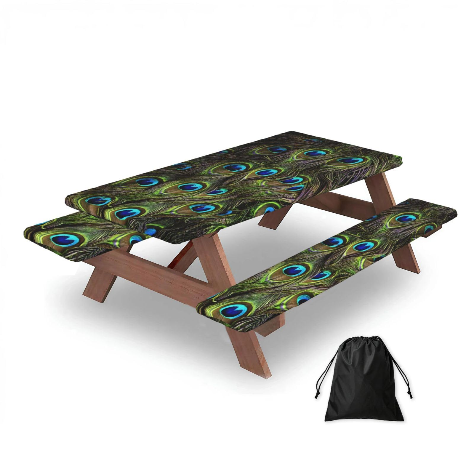 Dopklna As Picture Fresh Peacock, Picnic Table Cover With Bench Covers -Waterproof Elastic Fitted Tablecloth For Garden Camping Patio 76X152cm