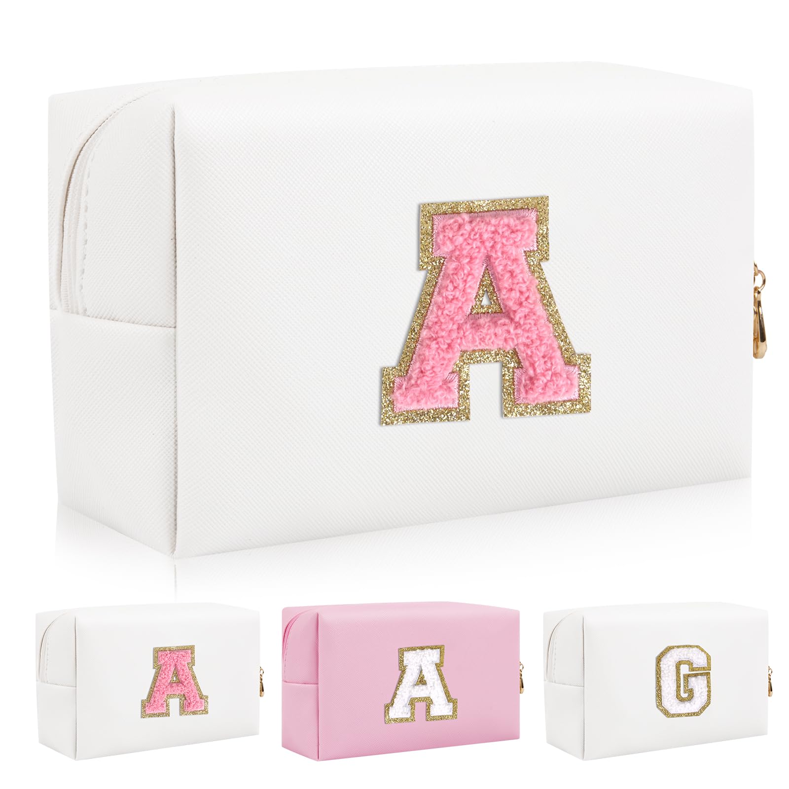 Personalized Initial Letter Patch Makeup Bag, Preppy Portable Chenille Cosmetic Bag with Zipper, PU Leather Waterproof Travel Toiletry Bag Monogram Make Up Pouch for Women Girls