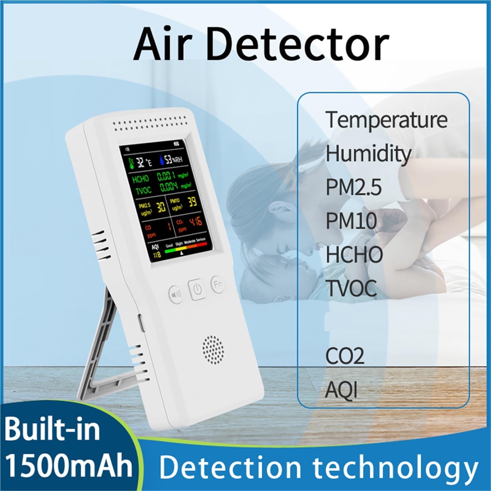 Contador partículas polvo, Monitor Digital LCD Con Detector De Calidad Del Aire 9 En 1 para interiores exteriores | PM2.5, PM10, HCHO, TVOC, CO2, AQI, Temperatura, Humedad