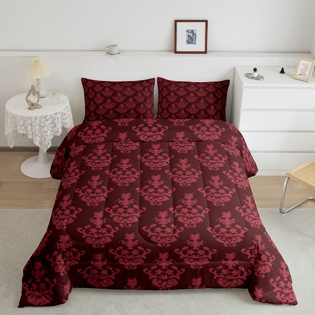 Erosebridal Gothic Bedding Sets Victorian Comforter Set,Black Damask Comforter Set King,Vintage Baroque Goth Bed Set Black Floral Comforter Set Bohemian Decor,Red