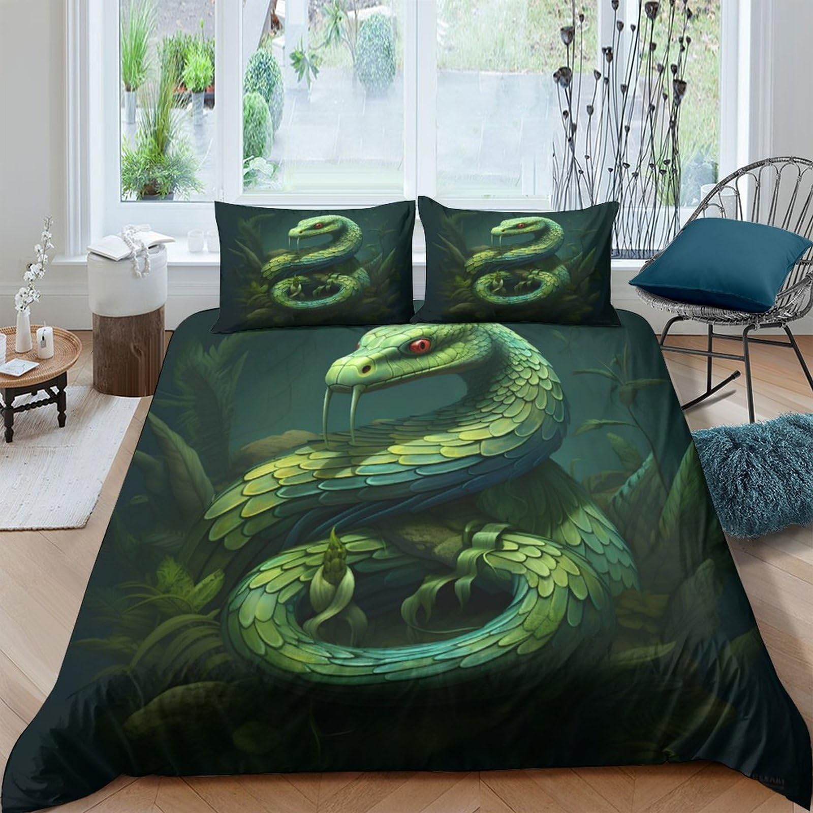Ctjqhvkz Style-2 3D Printed Green Snake Fitted Sheet Microfiber Breathable Forest Serpent Bed Cover For Bedroom Dorm Mattress Protection Single（135X200cm）