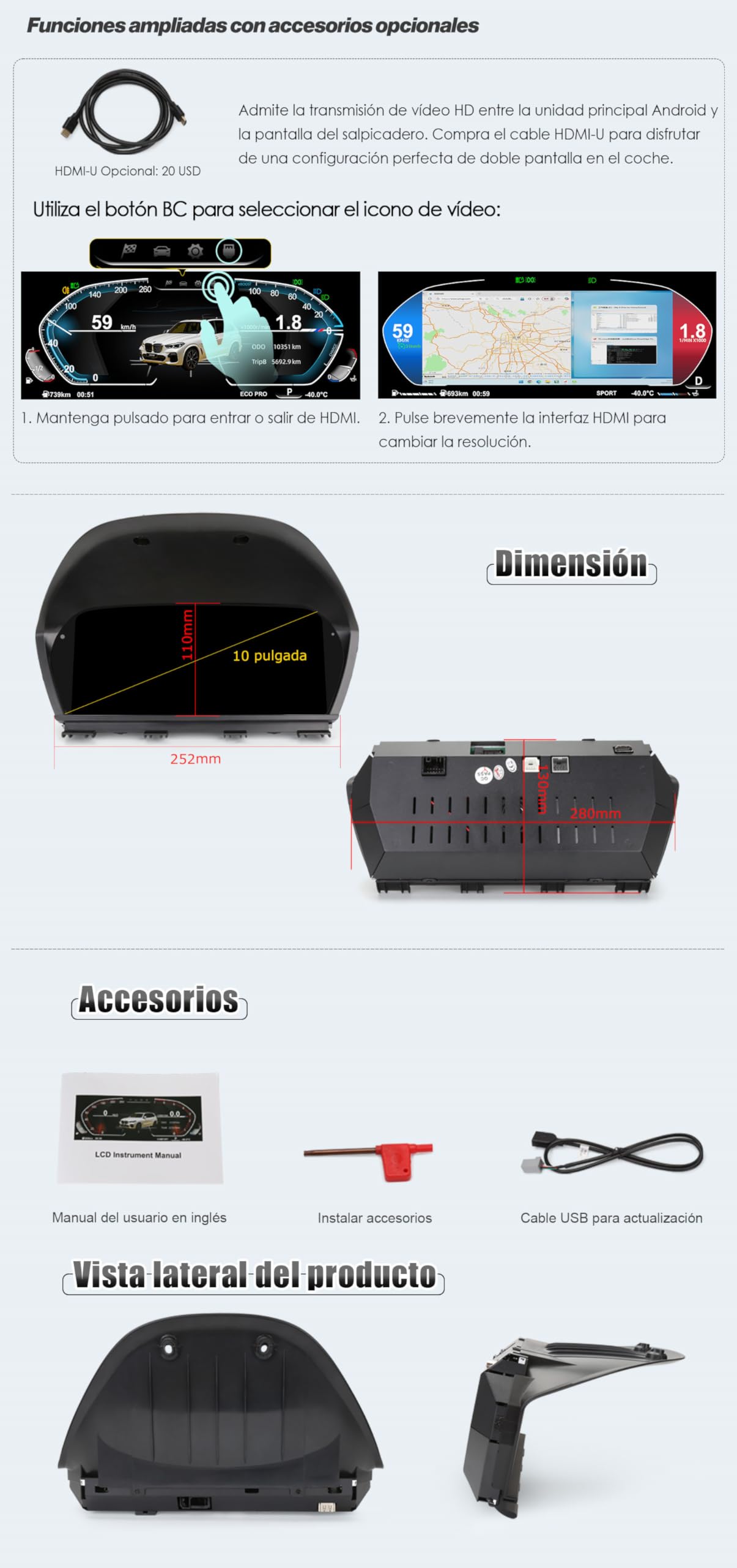 10" HD LCD Cuadro de Instrumentos Digital Pantalla para BMW Serie 1 F20/F50, Serie 2 F22/F45, X1 F48/F49, X2 F39, Digital Instrument Cluster, Velocímetro Digital, 5 UI, Plug & Play, Control Volante