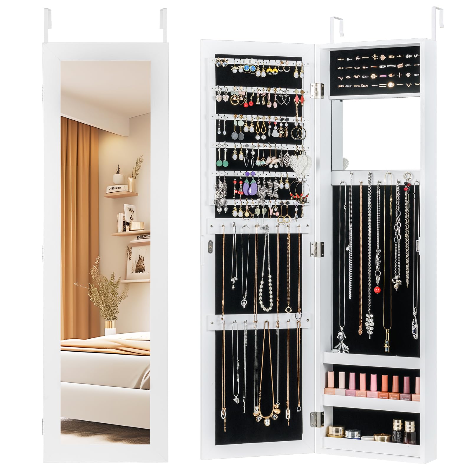 COSTWAY Armario Joyas Espejo Puerta Organizador Cuerpo Entero Maquillaje Incorporado Ganchos 3 Estantes Almacenamiento Blanco