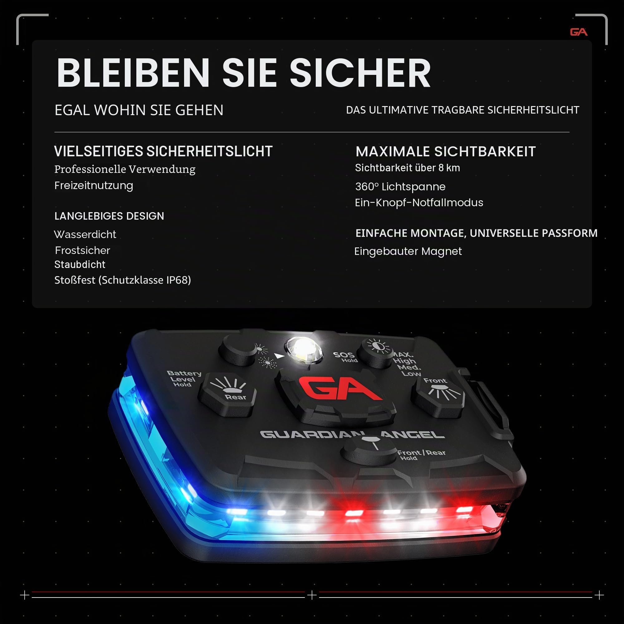 Guardian Angel Elite Series Sicherheitslicht | Beacon-Gerät Wiederaufladbar, magnetisch, freihändig tragbar und montierbar. Für Strafverfolgung, Ersthelfer und mehr.