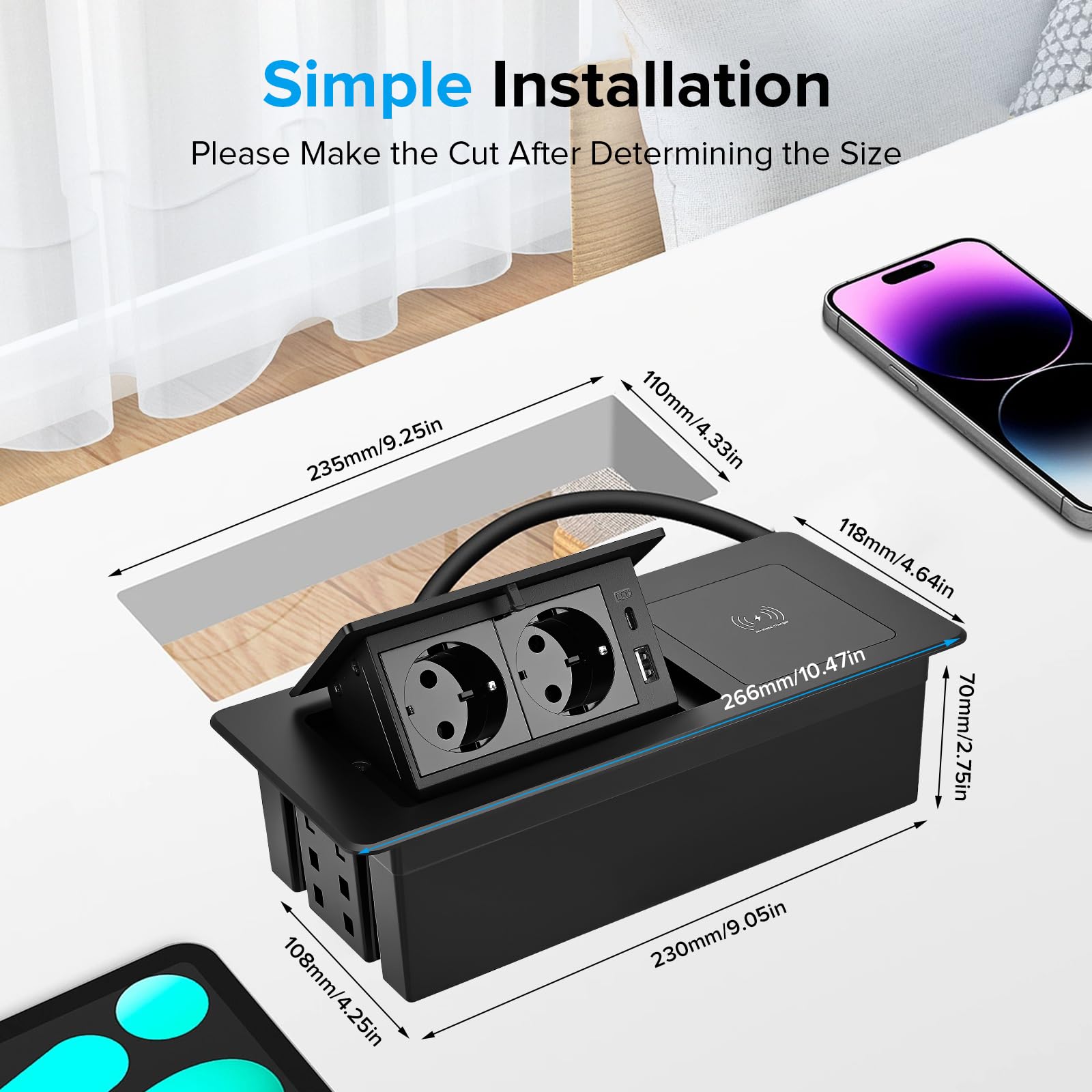 Ciabatta elettrica a scomparsa, da scrivania, con USB e induzione, presa da tavolo a scomparsa con apertura morbida, in alluminio pressofuso, 1,8 m, cavo di collegamento (nero)