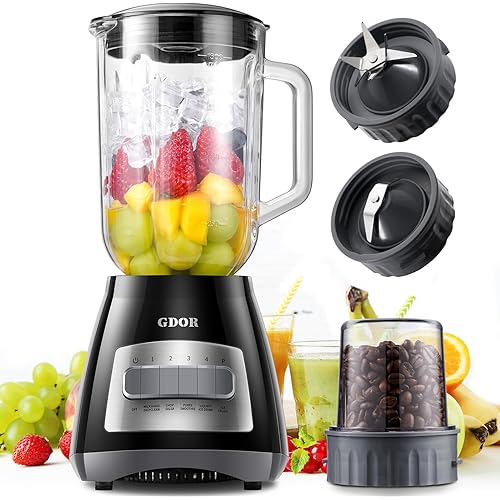GDOR Blenders for Smoothies, 52 Oz Glass Jar Smoothie Blender, Countertop Blender & Grinder Combo, 9 Functions with 5 speeds for Shakes, Puree, Crush Ice, and Chop, Max 700W