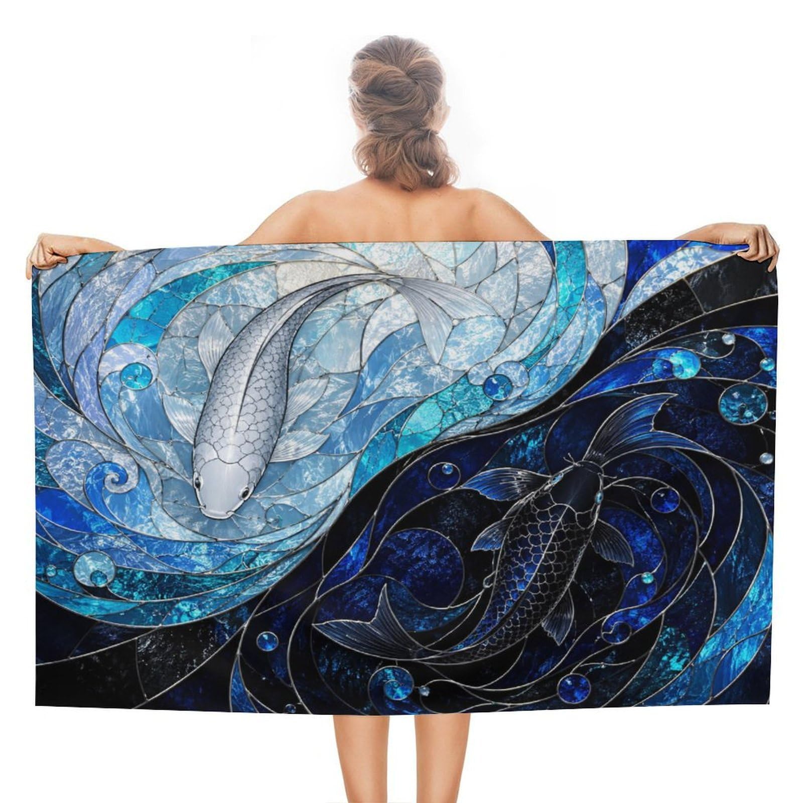 Anceky Stained Glass Yin Yang Koi Fish Oversized Beach Towel Quick Dry Sand Free Microfiber Travel Towel Lightweight Multi Purpose Beach Blanket Pool Gym Bath Towel 51x31 in
