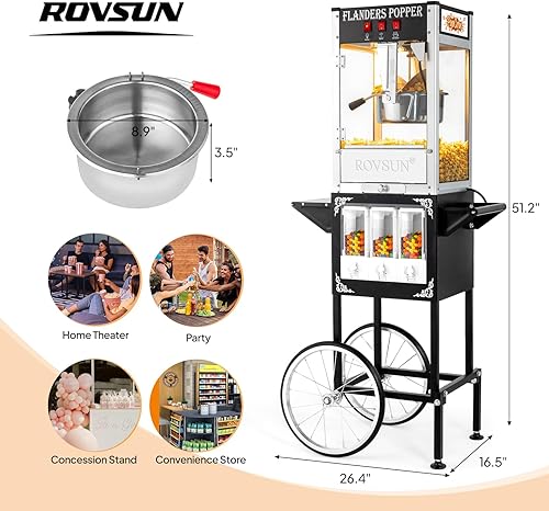 Miniatura 7 de ROVSUN Máquina de palomitas de maíz con carrito, ruedas y hervidor de 8 onzas para hasta 32 tazas con certificación ETL, máquina de palomitas con
