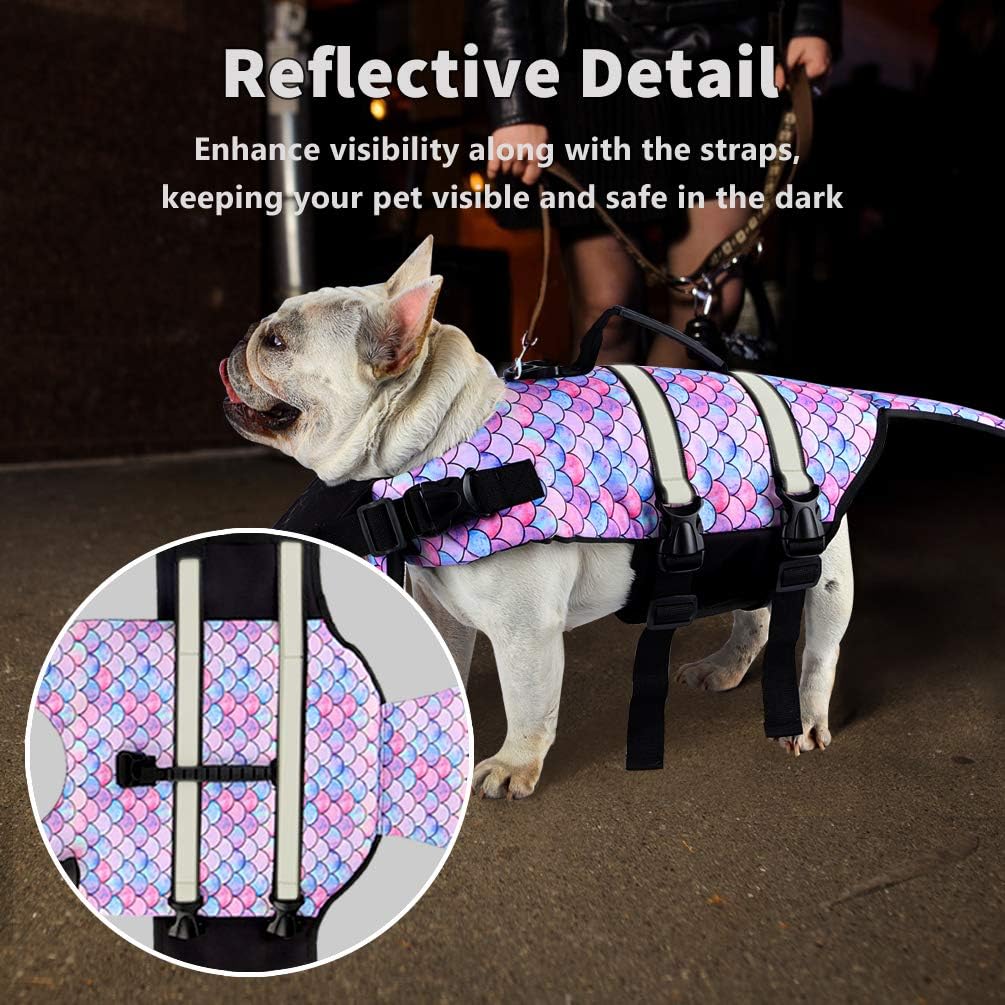 Dog Life Jacket Ripstop Pet Safety Floatation Vest Adjustable Dog Life Preserver Reflective Durable Rescue Handle Pet Lifesaver for Small Medium Large Dogs Swimming Beach Boating（Mermaid, M）