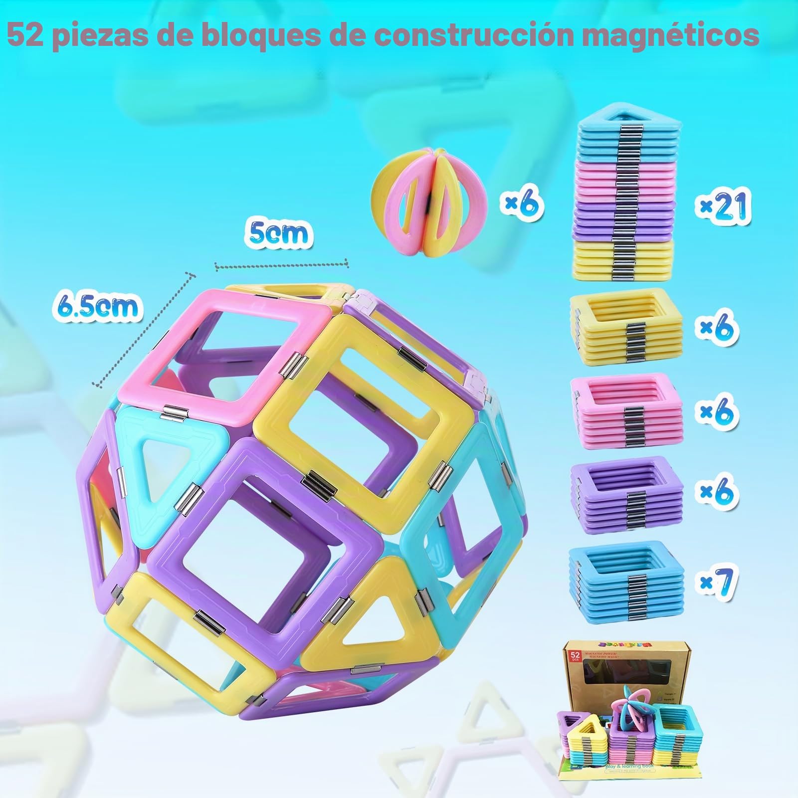 Magblock 52 Piezas Magnéticas Bloques de Construcción, Stem Juguetes Educativos de Construcción para Niños Regalo para Niños y Niñas de 3 Años en adelante
