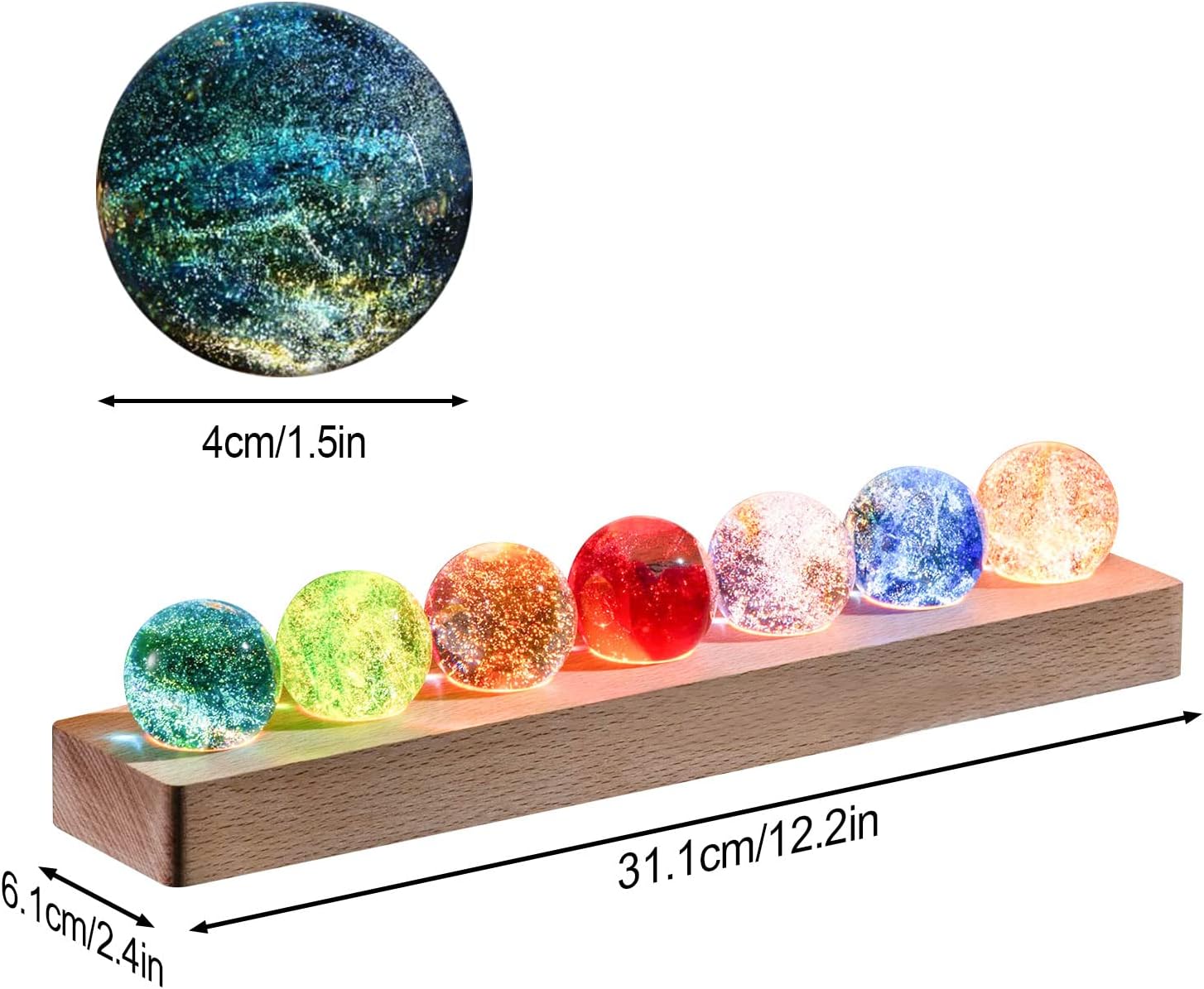 JOJOCY 7 Colors Glass Crystal Ball Light with Wood Base, 4cm/1.5in Glass Balls Colorful LED Lights Base Night Lamp Table Decorative USB Lights Positive Energy Space Meditation Lamp Great Gifts