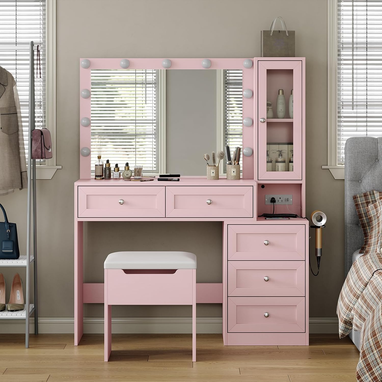 43" W Vanity Desk with Mirror & 11 Lights,Modern Makeup Desk with 5 Drawers & Cushioned Stool (Pink)