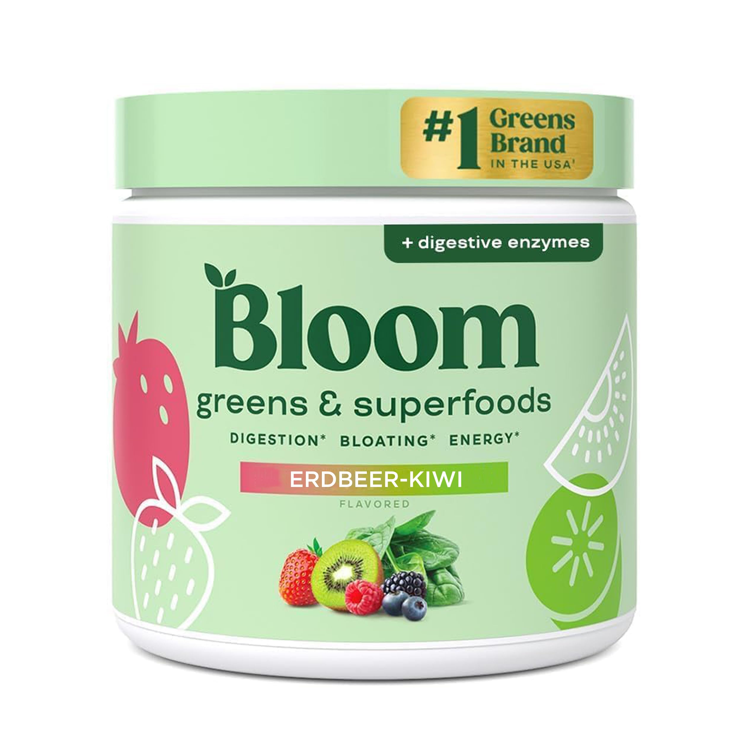 Bloom Superfood Pulver Frauen – Erdbeer-Kiwi – Mit Probiotika, Enzymen, Spirulina, Chlorella – Unterstützt Darmgesundheit, Detox & Energie – Anti-Blähbauch – 25 Portionen – Smoothie Boost