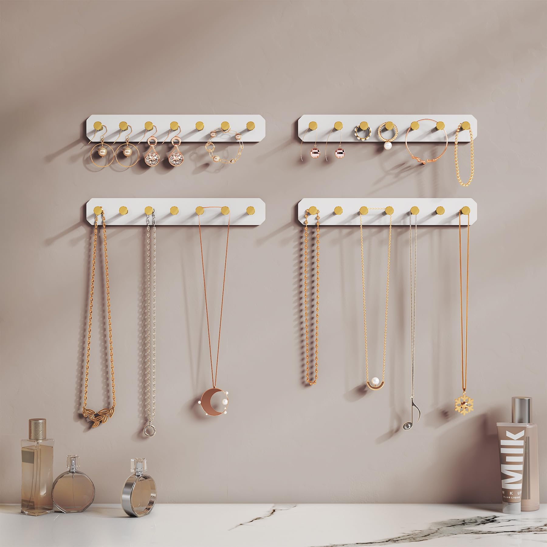 NiHome 8-Pack Wall Mount Acrylic Jewelry Storage for Necklaces, Bracelets, Earrings, Accessories, Easy Installation for Vanity, Bathroom, Kitchen (White)