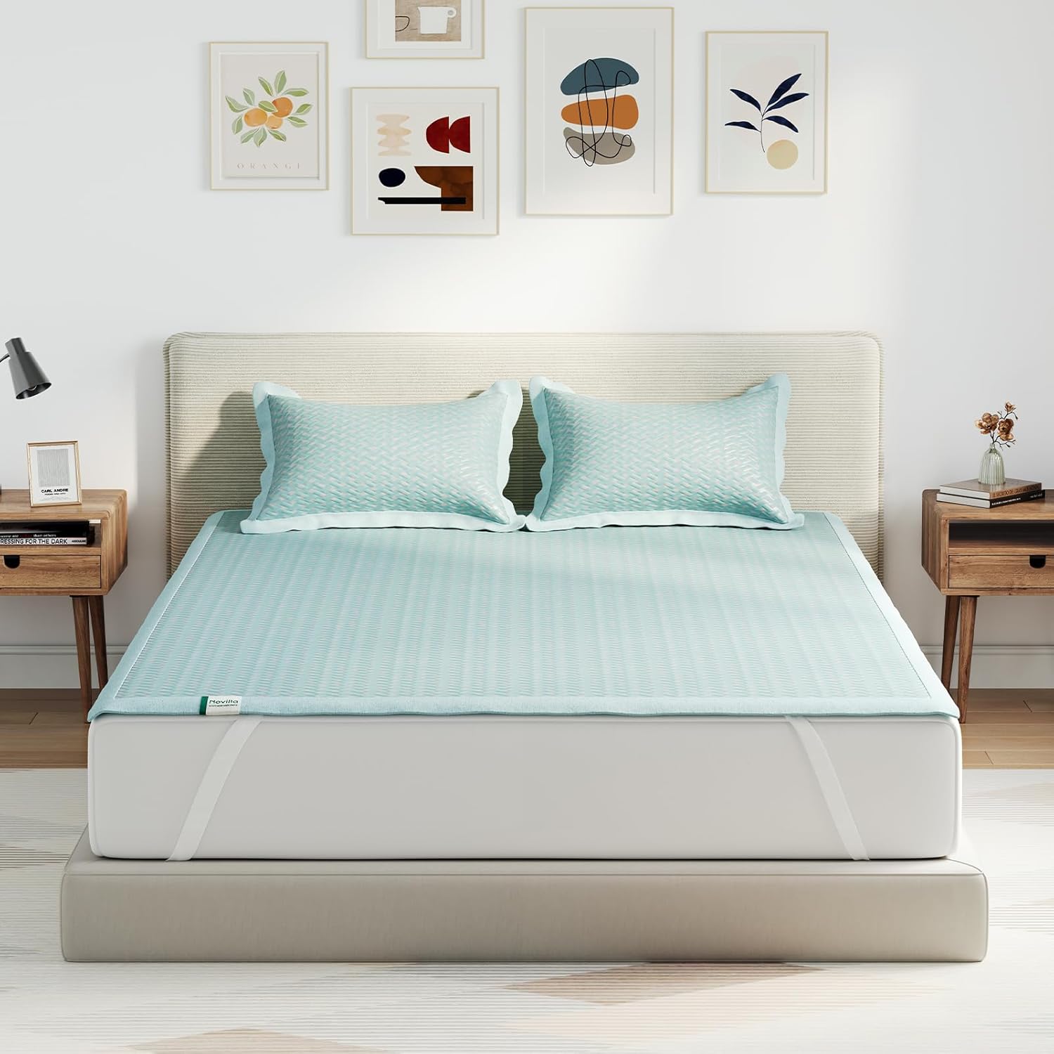 Novilla Summer Sleeping Pad Queen Size(1 Cooling Mat+2 Pillowcases),Sleeping Mat for 8-21" Mattress,Elastic Bandage,Washable & Breathable Mattress Pad for Hot Sleepers,Blue