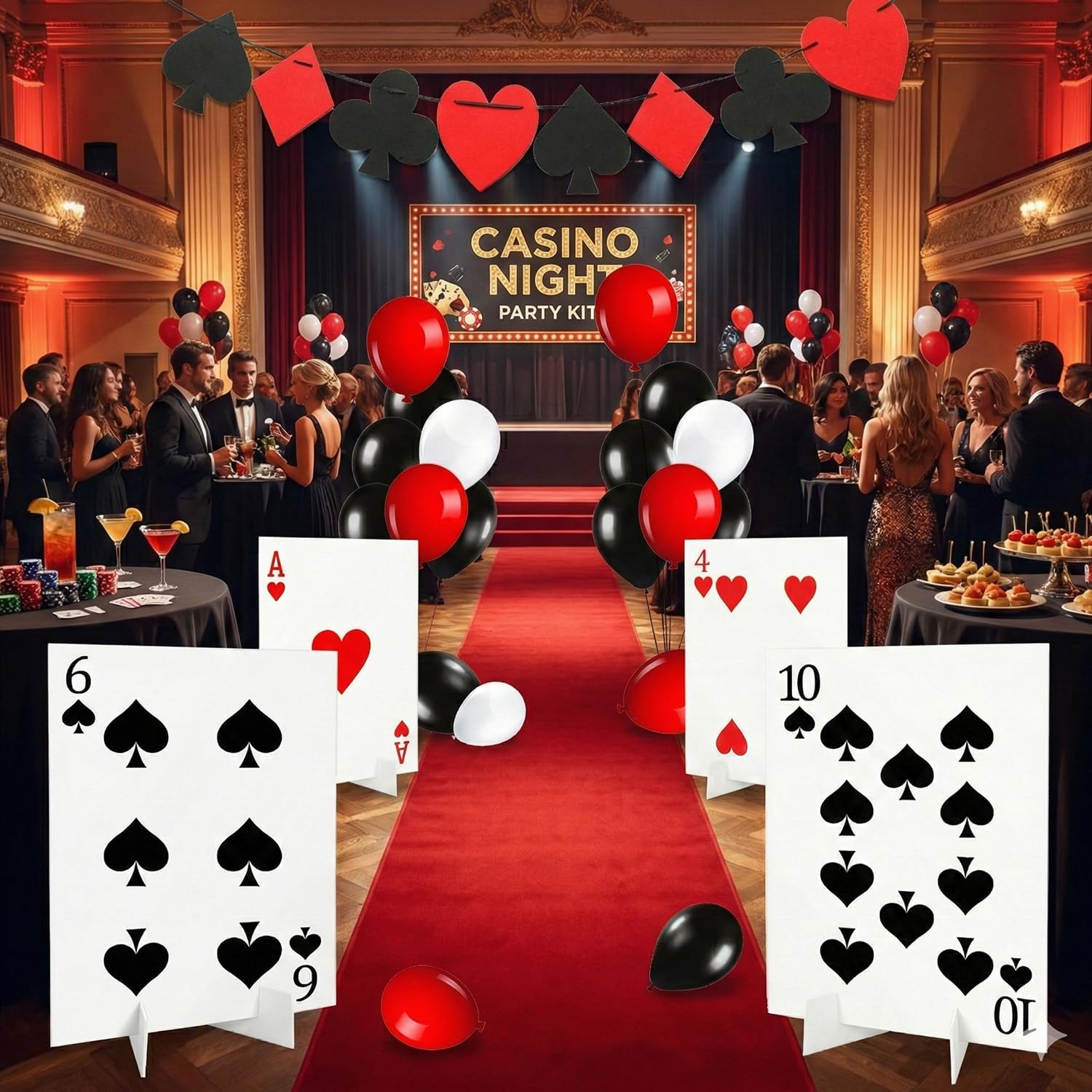 Casino Theme Yard Signs Set, 4 Giant Playing Card Lawn Signs with Stakes & Bases, Red Carpet Runner, Balloon Set & Poker Banner, Outdoor Casino Party Decorations