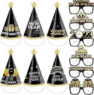 Lucleag 6Pcs Happy New Year Eyeglasses 6Pcs New Year Party Hats, Black Gold Paper Party Eyeglasses Hats for 2023 New Year Eve Party Favors, New Years Eve Accessories Photo Props for Party Decor