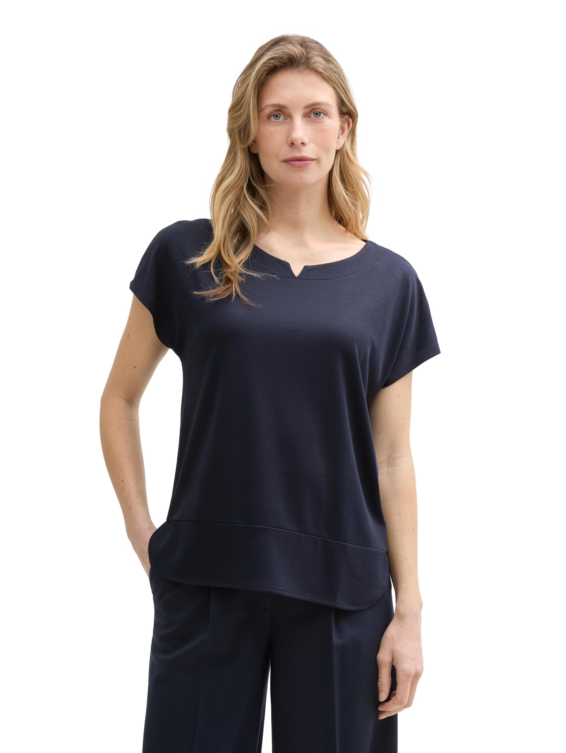 Tom Tailor Damen Basic T-Shirt mit weitem Rundhalsausschnitt