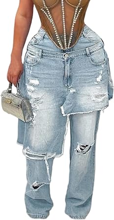 LKOUS Womens Ripped Baggy Jeans High Waist Wide Leg Patchwork Distressed Cutout Stretchy Denim Pants Streetwear