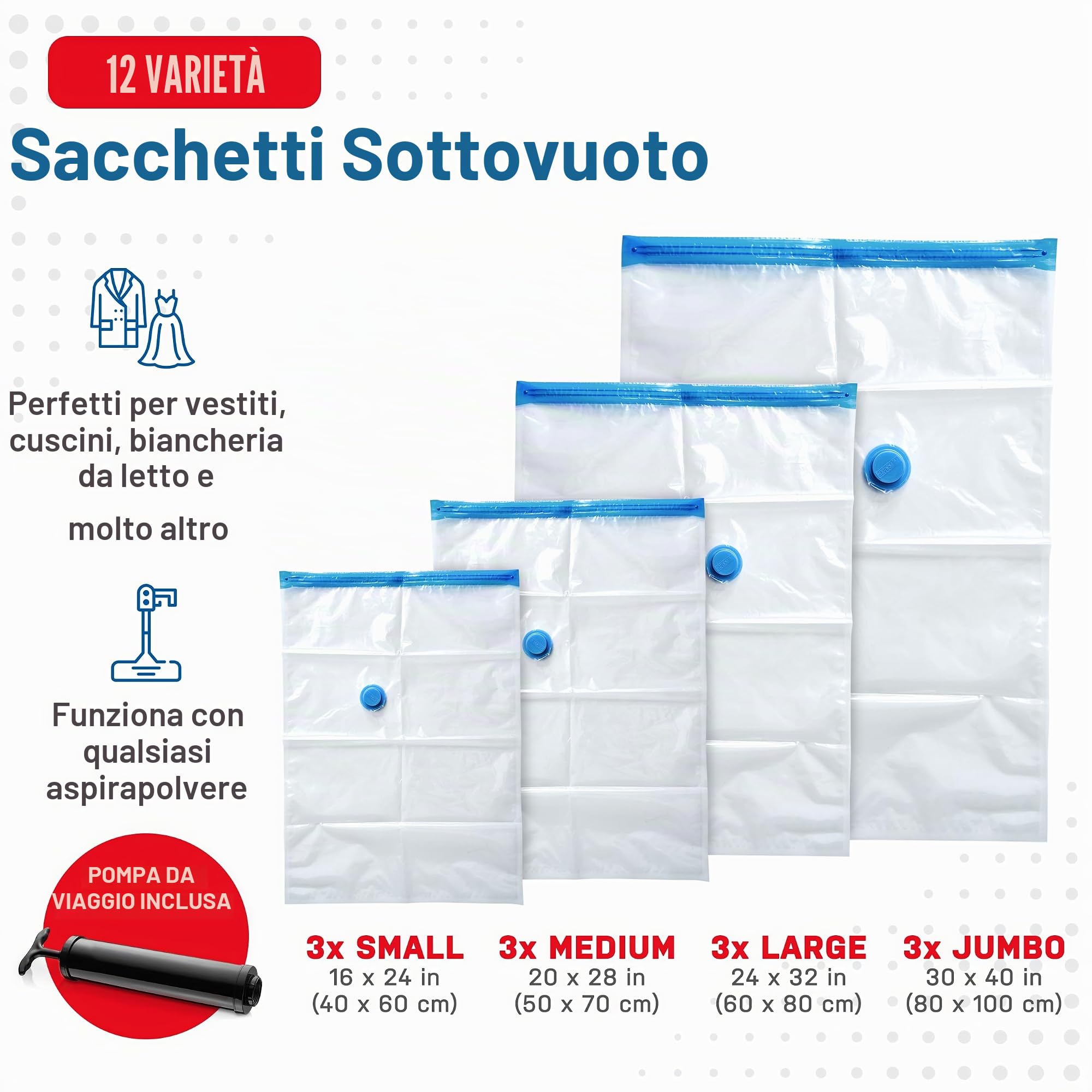 Spacesaver Premium Sacchetti Sottovuoto, 80% in più di Stoccaggio, Pompa a Mano per Viaggio, Doppia Chiusura, Tripla Valvola Turbo-Guarnizione per il Massimo Risparmio di Spazio-Varietà 12 Pezzi