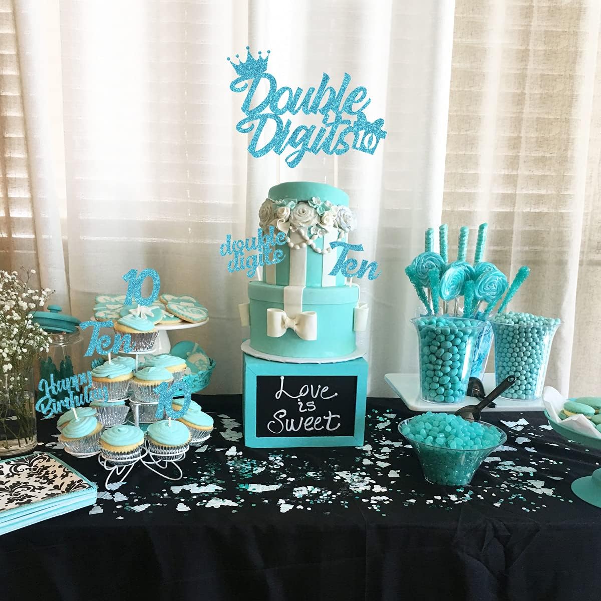 10th Birthday Cake Decorations Teal Blue, Double Digits Cake & Cupcake Topper for Girls Tenth Birthday Party Decorations and Supplies, Cheer to 10 Years Birthday - Total 25 Pcs