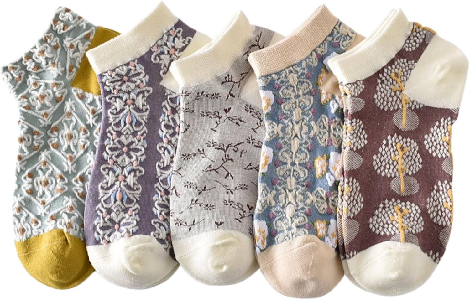 Women's Floral Vintage Palace Style 3D Stereo Flower Casual Ankle Socks 5 Pairs