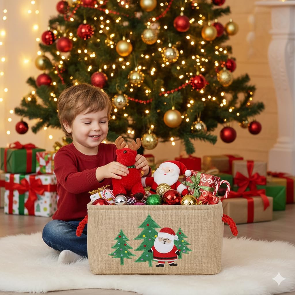 Christmas Basket Large Christmas Gift Baskets Empty Fabric Organizer Bin with Handles, Gift Bags Foldable Holiday Toy Gift Holder for Fireplace, Kids Room, Home Decor image 3