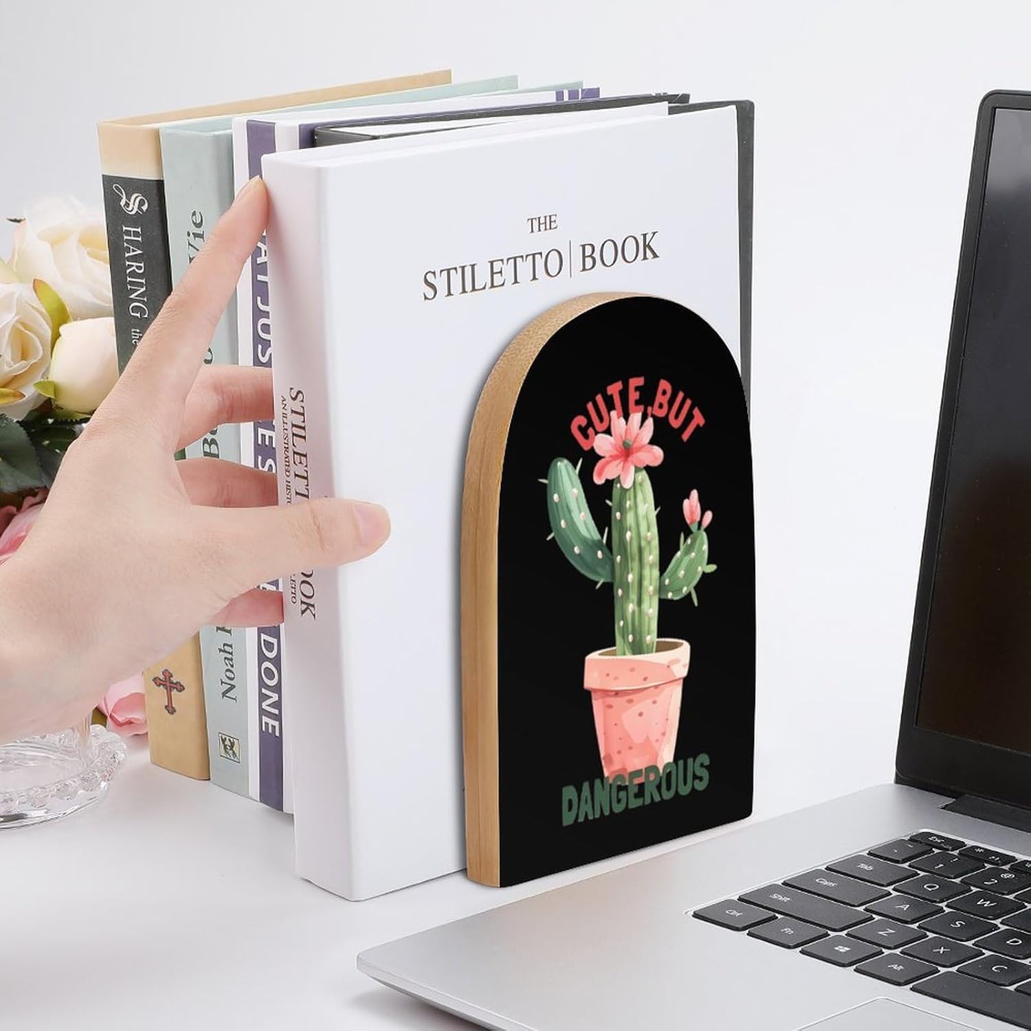 Cute But Dangerous Plants Cactus Cute Wood Book Ends Decorative Bookends 1 Pair Non-Skid for Shelves Home Office 7 X 5 Inch
