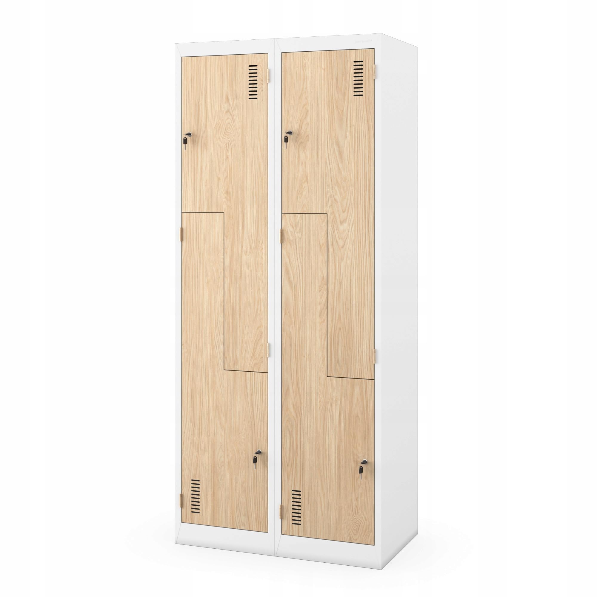 Jan Nowak Umkleideschrank Z02 Spind mit 4 Abteilen Kleiderspind Metallschrank Flügeltür Lüftungsschlitzen Pulverbeschichtung 185 cm x 80 cm x 45 cm (Weiß-Holz)