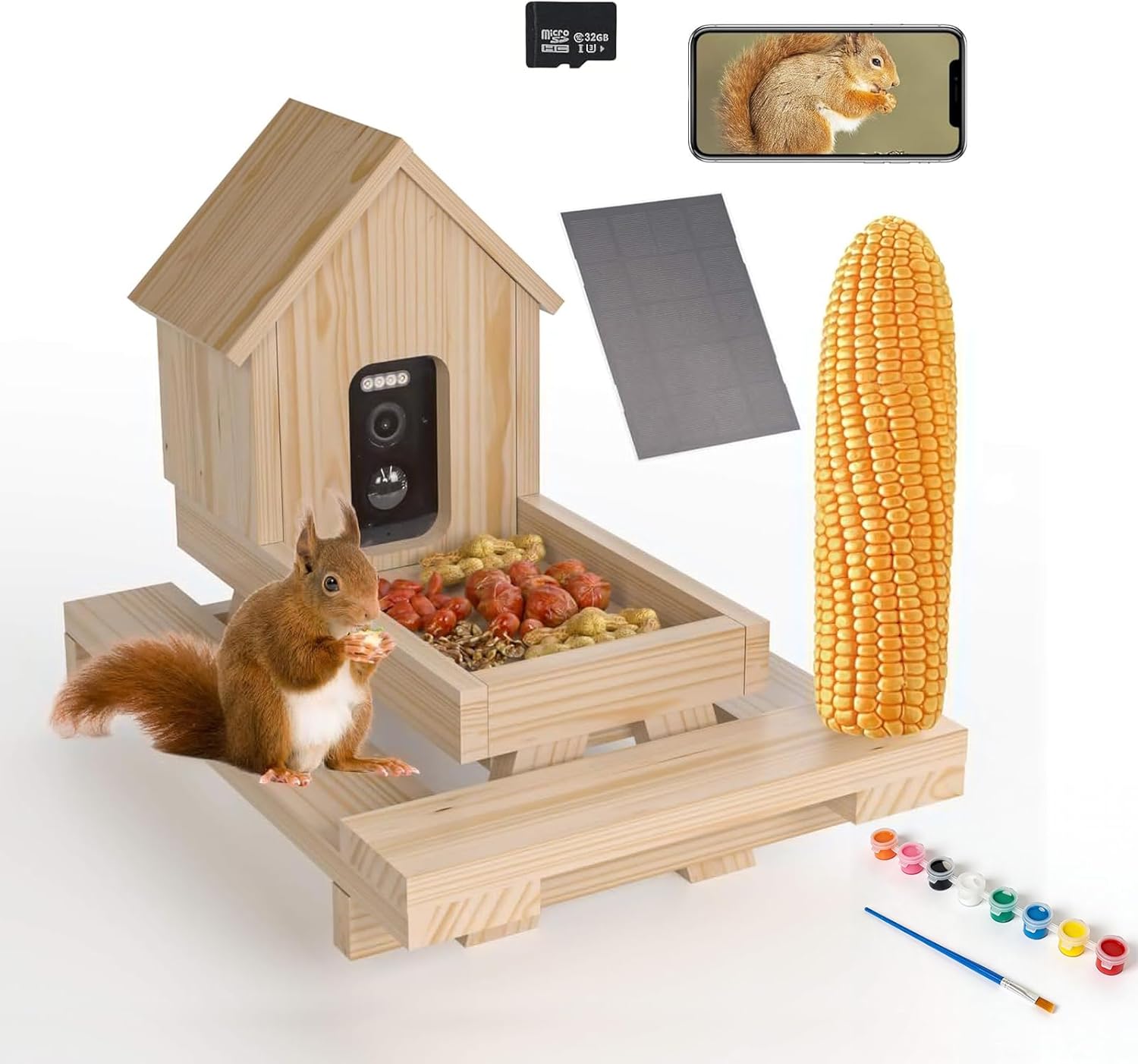 Wooden Squirrel Feeder with Camera & Paintable Surface, Solar Powered Smart Squirrel Picnic Table Feeder with Acrylic Paint Set DIY Creative Squirrel Feeders for Outdoor Backyard, 2.4G WiFi Coverage