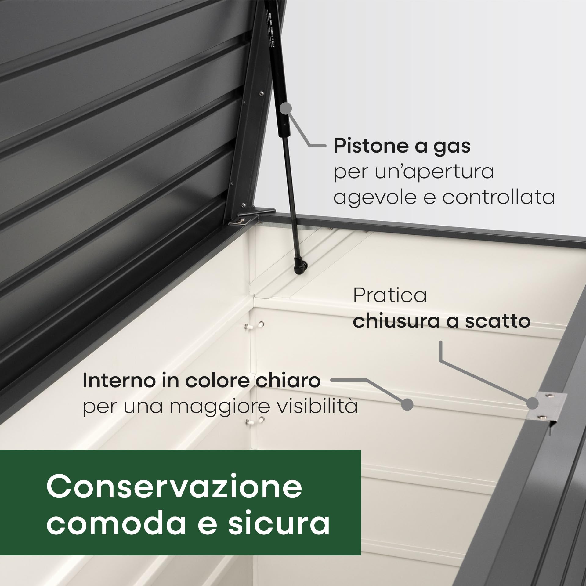 Sunny Garden baule da giardino Premium | 92 x 37,5 x 56 cm | 193 Litri | S | baule da esterno impermeabile | cassapanca contenitore da esterno | in metallo | Antracite | Coperchio con pistone a gas
