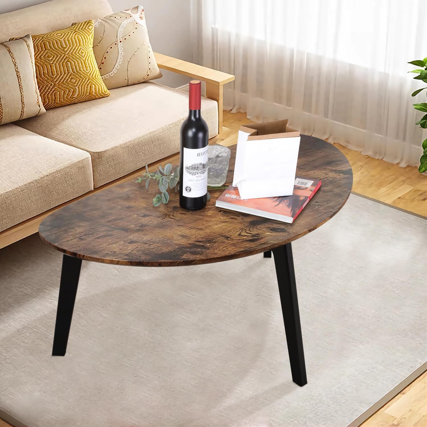 Large Oval Coffee Table Espresso Wood Mid Century Modern Unique Retro Farmhouse - Contemporary Triangle Small Table for Living Room, Bedroom Bedside Table and Office 19" D x 34" W x 16" H