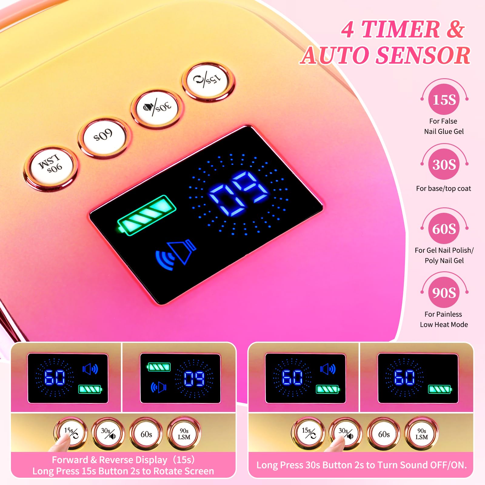 Lampada per unghie ricaricabile UV LED, 126 W, portatile, senza fili, con sensore automatico e 4 impostazioni di timer, lampada per polimerizzazione professionale per smalto gel e salone