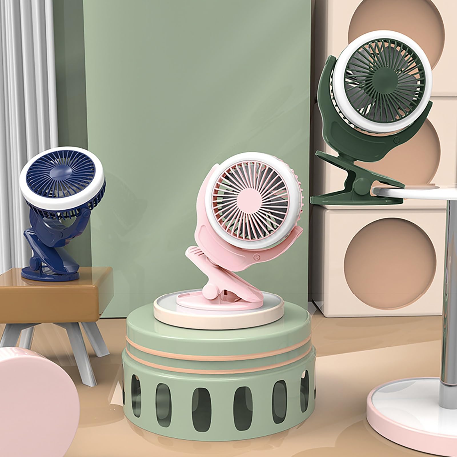 Ventilatore da tavolo portatile ultra silenzioso con oscillazione a 540°, mini ventilatore USB a 3 velocità e luce notturna, ideale per casa, ufficio, viaggi e camera da letto (verde)