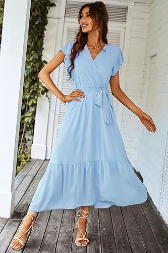 Miniatura 4 de PRETTYGARDEN - Vestido floral para mujer estilo bohemio, cruzado, con cuello en V, manga corta, con cinturón, dobladillo con volantes, acampanado