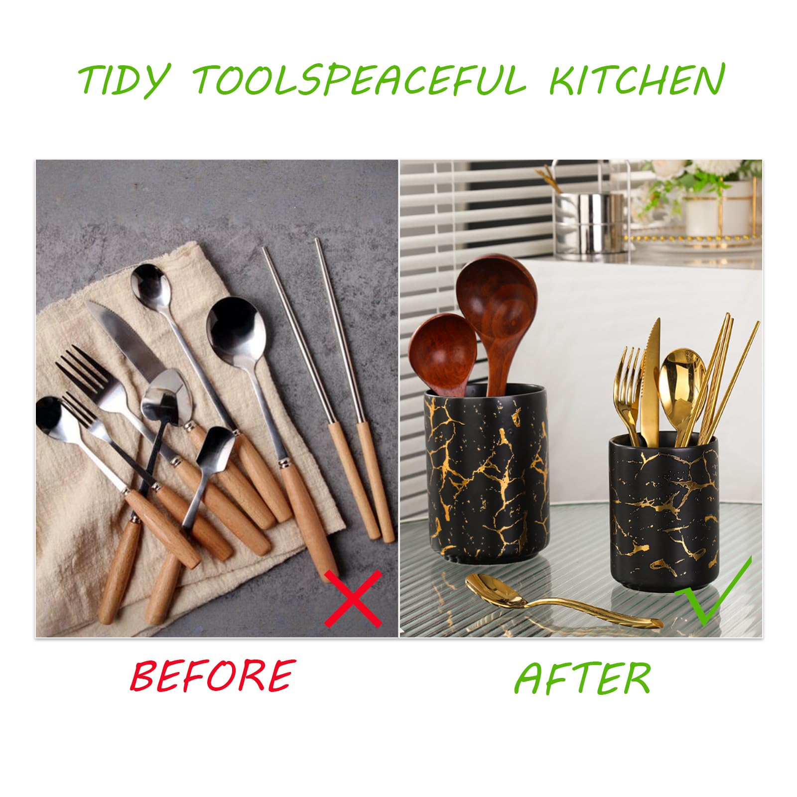 2 x Utensilienhalter aus schwarzem goldenem Marmor