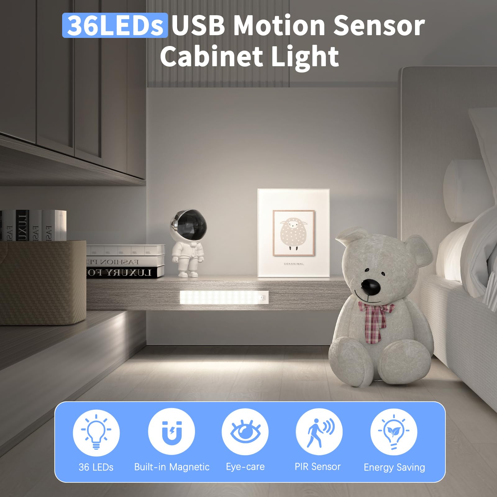 Ylatoial Luce Armadio LED con Sensore di Movimento, 4 Modalità Luce Sottopensile Cucina, USB Lampada LED Ricaricabile, Senza Fili Luci Notturna per Armadio Cucina Scale Corridoio Garage